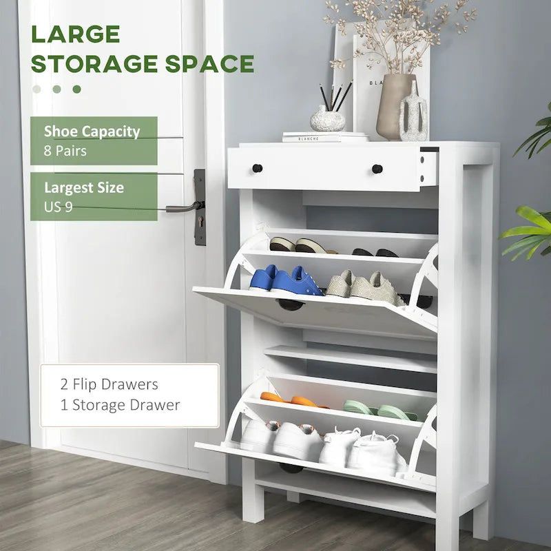 White Freestanding Shoe Storage Cabinet with 2 Flip Drawers