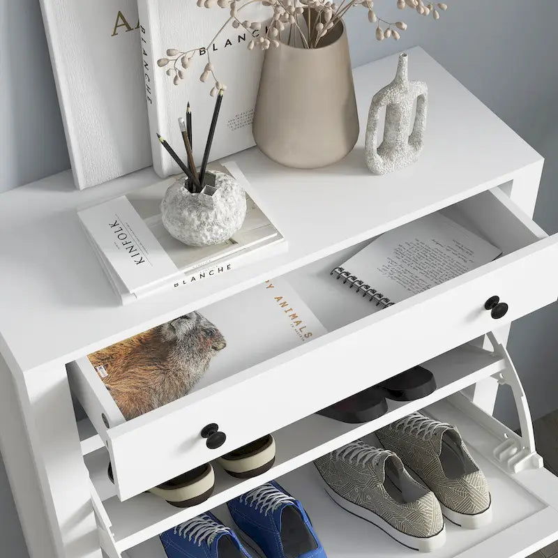 White Freestanding Shoe Storage Cabinet with 2 Flip Drawers