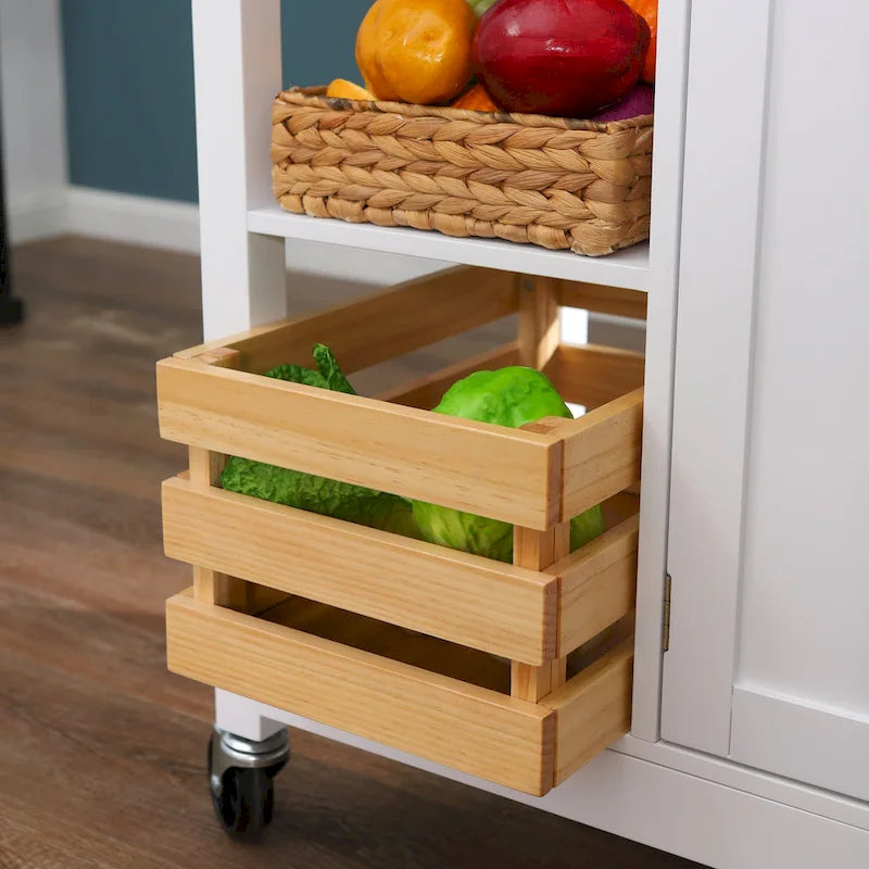 3-Tier Wood Kitchen Island Trolley Cart Storage Cabinet on Wheels with Storage Basket