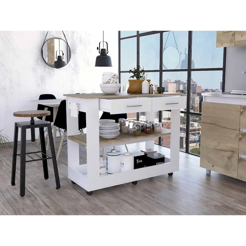 Light Oak and White Kitchen Island with Drawer Shelves and Casters - 20 X 40 X 20