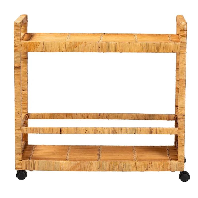 Genet Modern Bohemian Natural Brown Rattan and Teak Wood 2-Tier Kitchen Cart