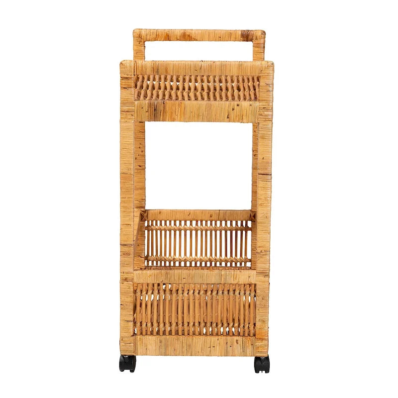 Genet Modern Bohemian Natural Brown Rattan and Teak Wood 2-Tier Kitchen Cart