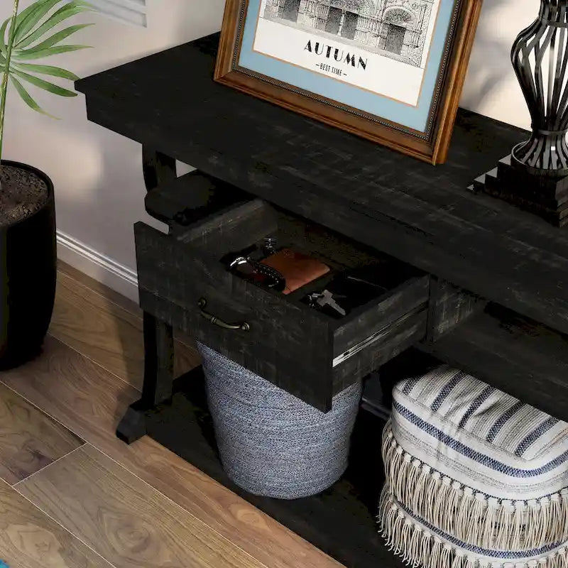 DH BASIC Farmhouse Black Oak 47-inch 3-Open Shelf Console Table by Denhour