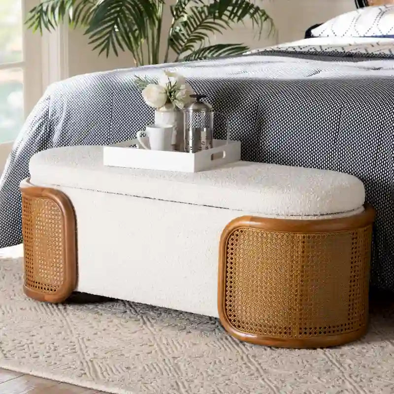 Basira Japandi Cream Boucle Fabric Storage Bench with Woven Rattan
