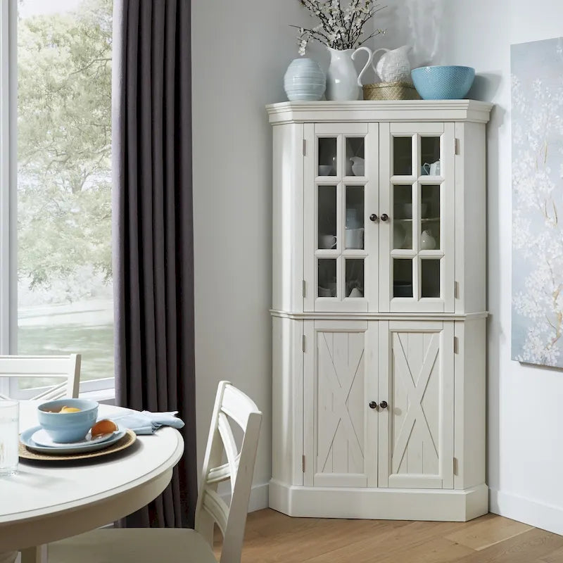 Corner Cabinet - Off-White - Glass & Wood Doors