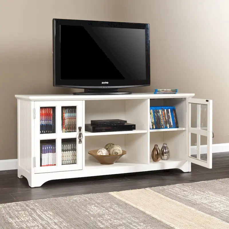 White Media TV Stand with Windowpane Cabinets - 52 Inch for TVs up to 50"