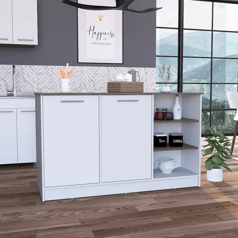  Gladiolus Kitchen Island, Two Cabinets, Three Open Shelves