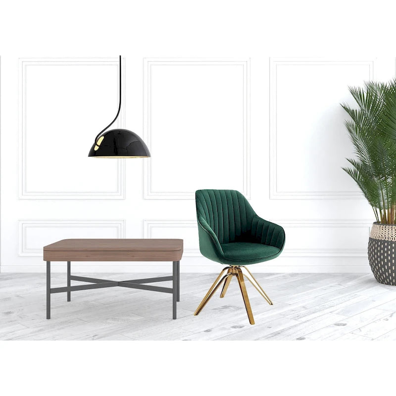 HomeRoots 23 Green Velvet And Gold Swivel Arm Chair - 23
