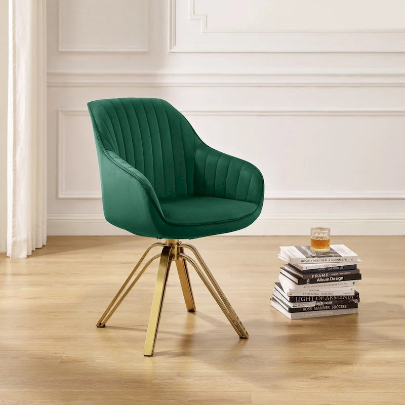 HomeRoots 23 Green Velvet And Gold Swivel Arm Chair - 23