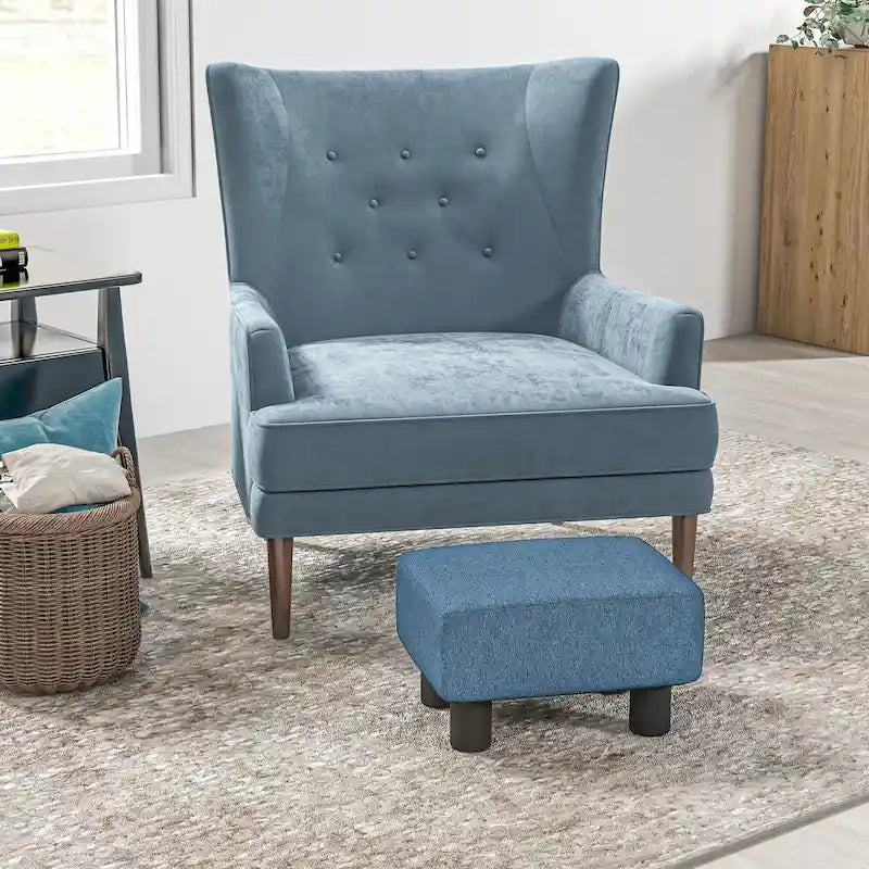 Dark Blue Linen Footrest Ottoman - Rectangle Cube Design