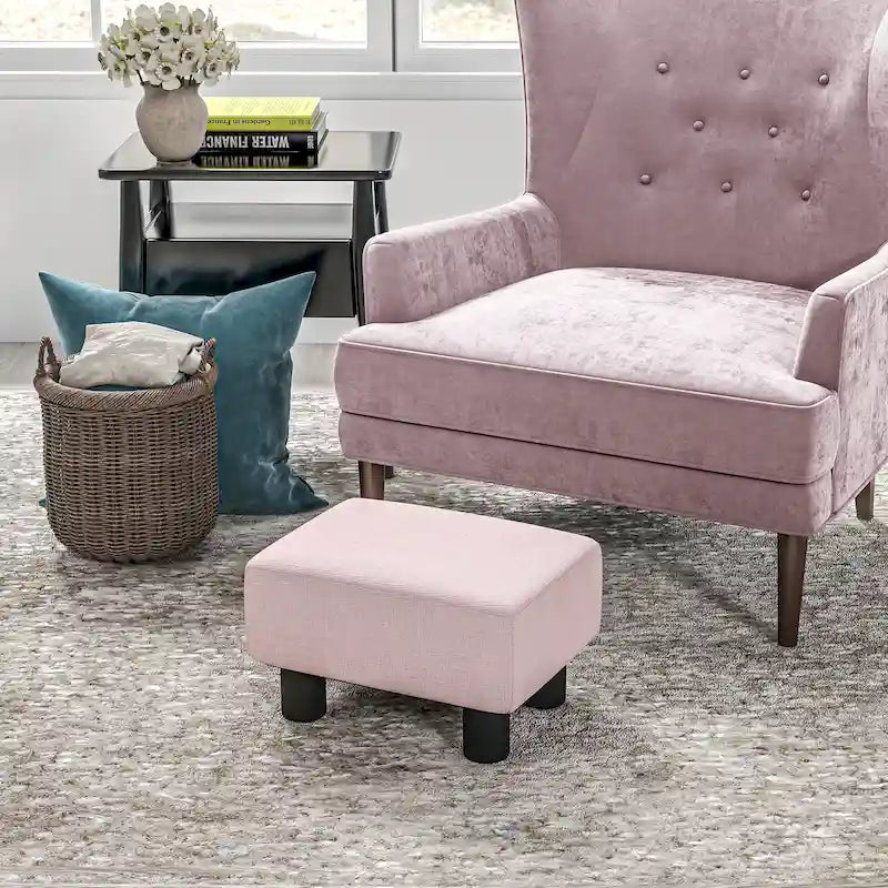 Dark Blue Linen Footrest Ottoman - Rectangle Cube Design