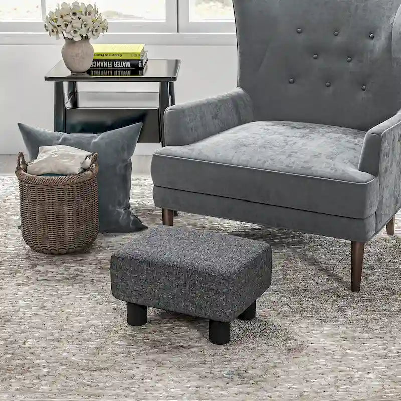 Dark Blue Linen Footrest Ottoman - Rectangle Cube Design