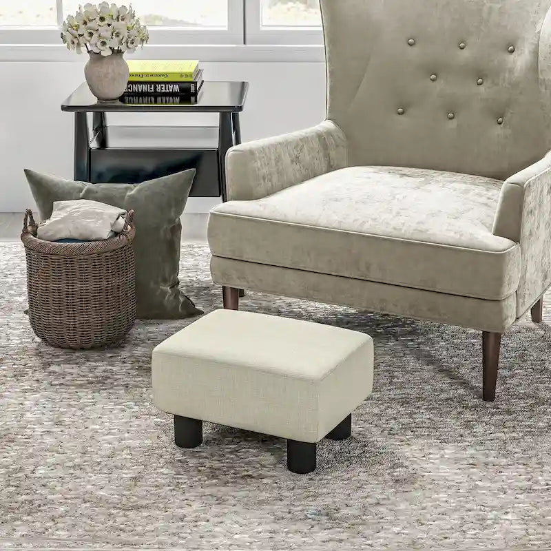 Dark Blue Linen Footrest Ottoman - Rectangle Cube Design