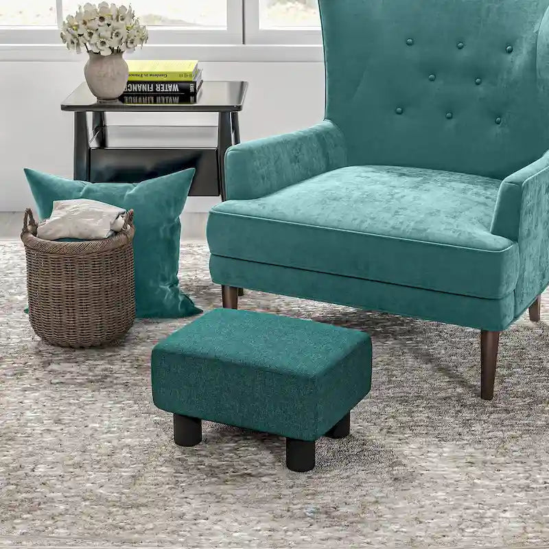 Dark Blue Linen Footrest Ottoman - Rectangle Cube Design