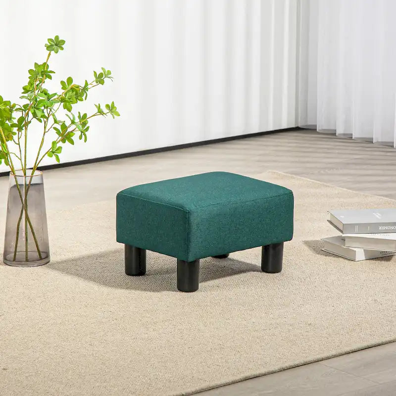 Dark Blue Linen Footrest Ottoman - Rectangle Cube Design