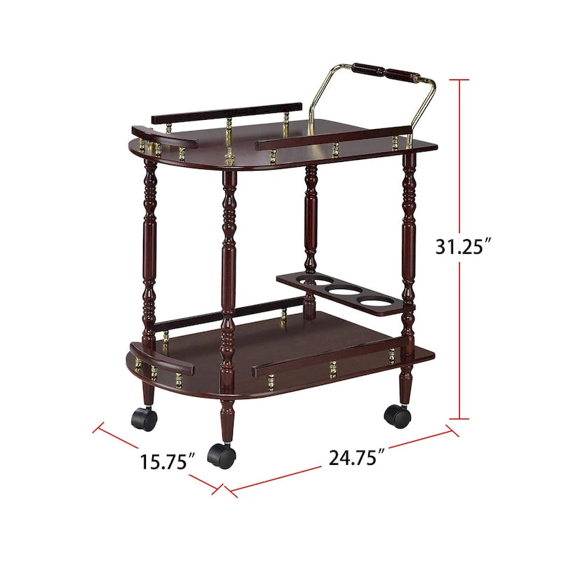 2-Tier Serving Cart with Casters in Merlot and Brass