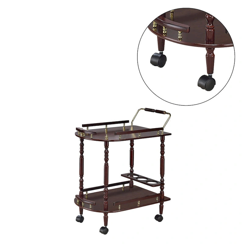 2-Tier Serving Cart with Casters in Merlot and Brass
