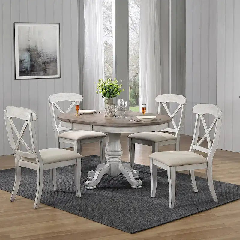 Ocean Isle Antique White Weathered Pine 5 Piece Pedestal Table Set