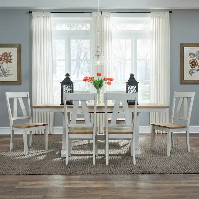 Lindsey Farm Weathered White & Sandstone 7 Piece Trestle Table Set