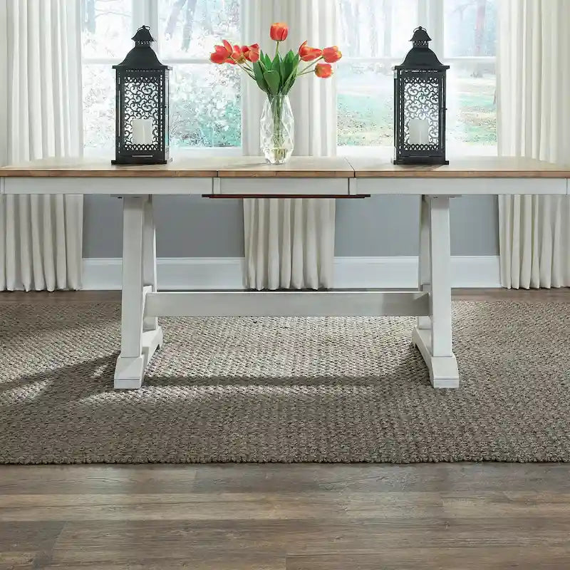 Lindsey Farm Weathered White & Sandstone 7 Piece Trestle Table Set