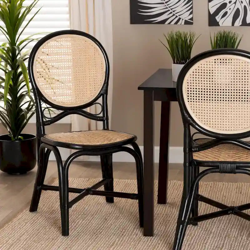 Ayana Mid-Century Modern Two-Tone Black and Natural Brown Rattan Dining Chair