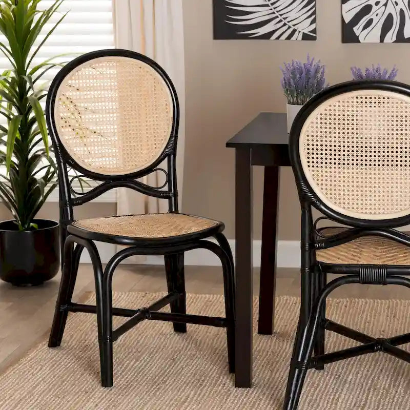 Ayana Mid-Century Modern Two-Tone Black and Natural Brown Rattan Dining Chair