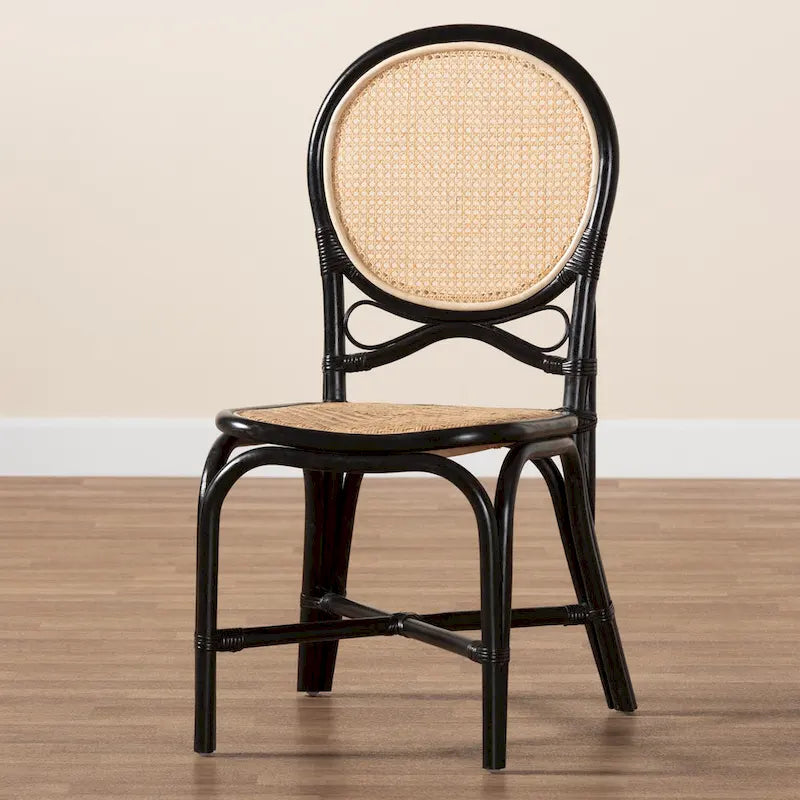 Ayana Mid-Century Modern Two-Tone Black and Natural Brown Rattan Dining Chair