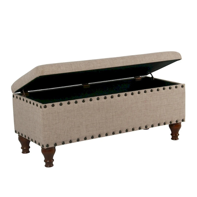 Storage Bench - Tan Linen - Tufted with Nailhead Trim