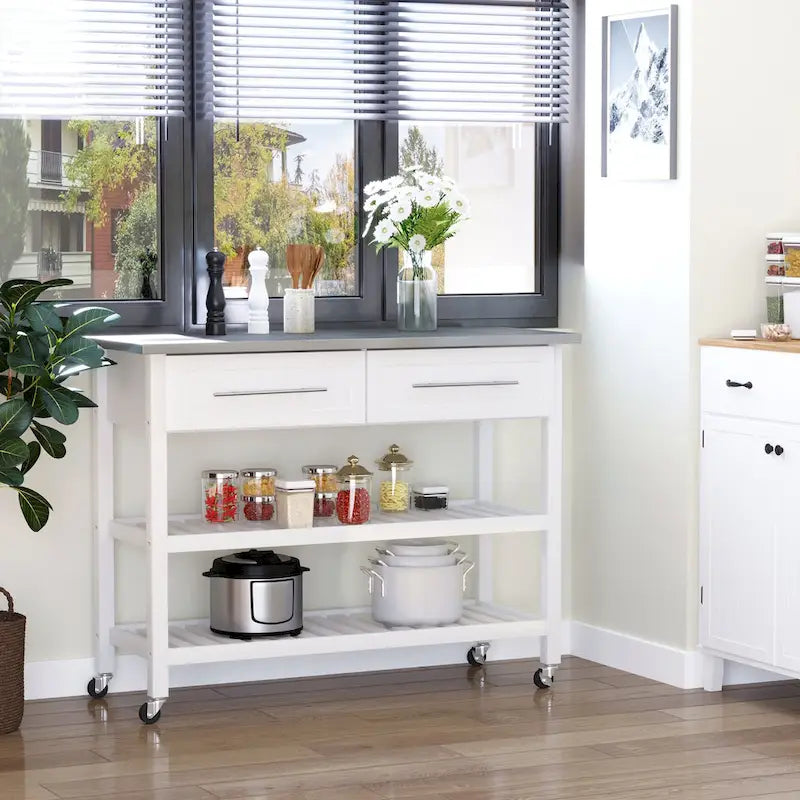 Rolling Kitchen Cart - White - Stainless Steel Top - 3-Tier Storage