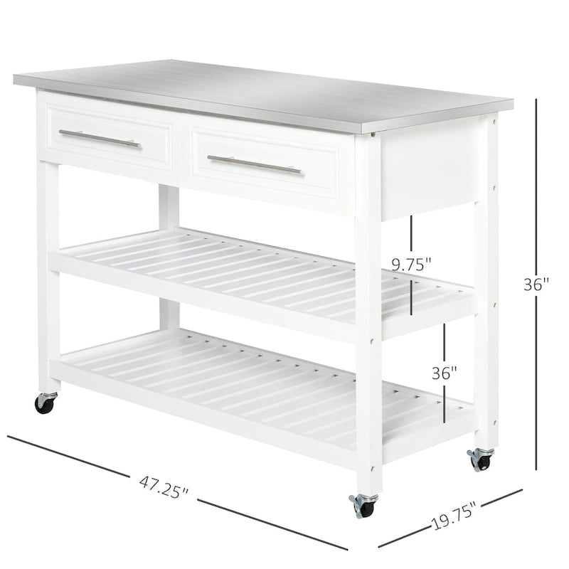 Rolling Kitchen Cart - White - Stainless Steel Top - 3-Tier Storage
