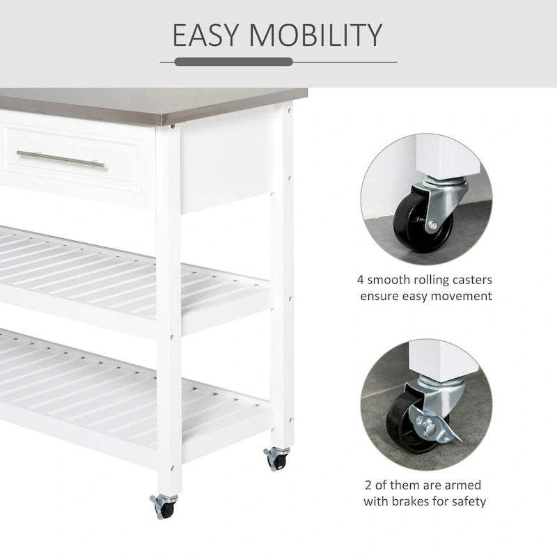 Rolling Kitchen Cart - White - Stainless Steel Top - 3-Tier Storage