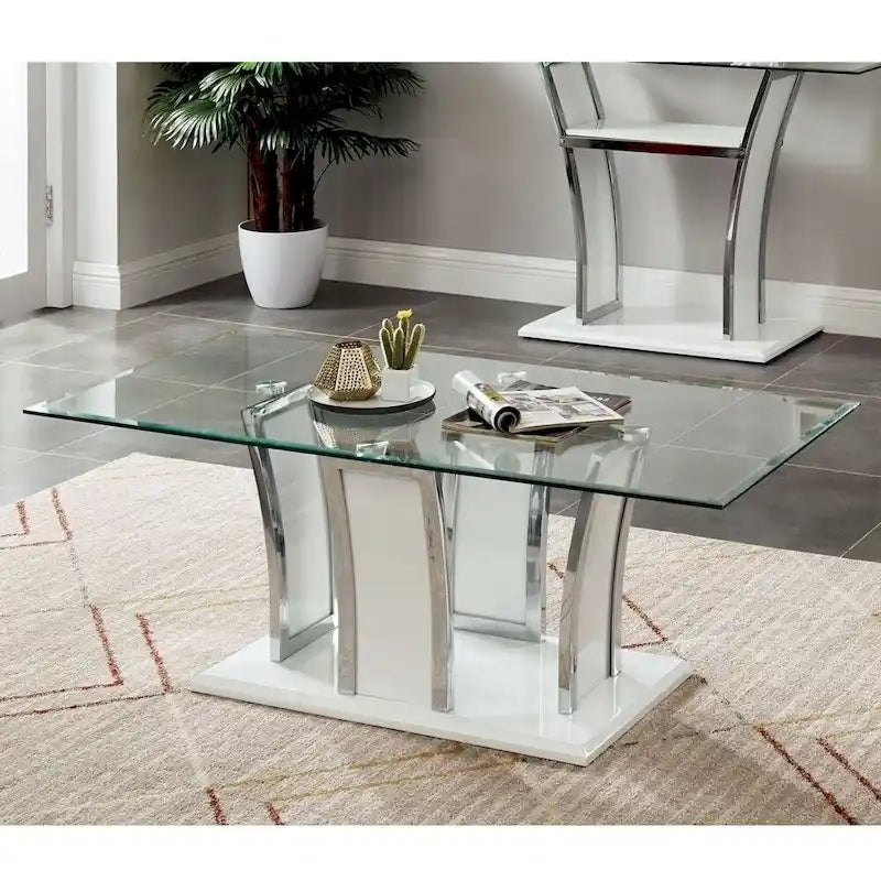 Glass Top Coffee Table with Chrome Trim - 47 Inch Modern Design