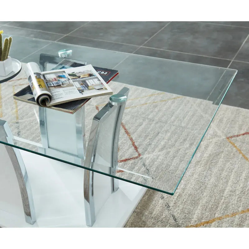 Glass Top Coffee Table with Chrome Trim - 47 Inch Modern Design