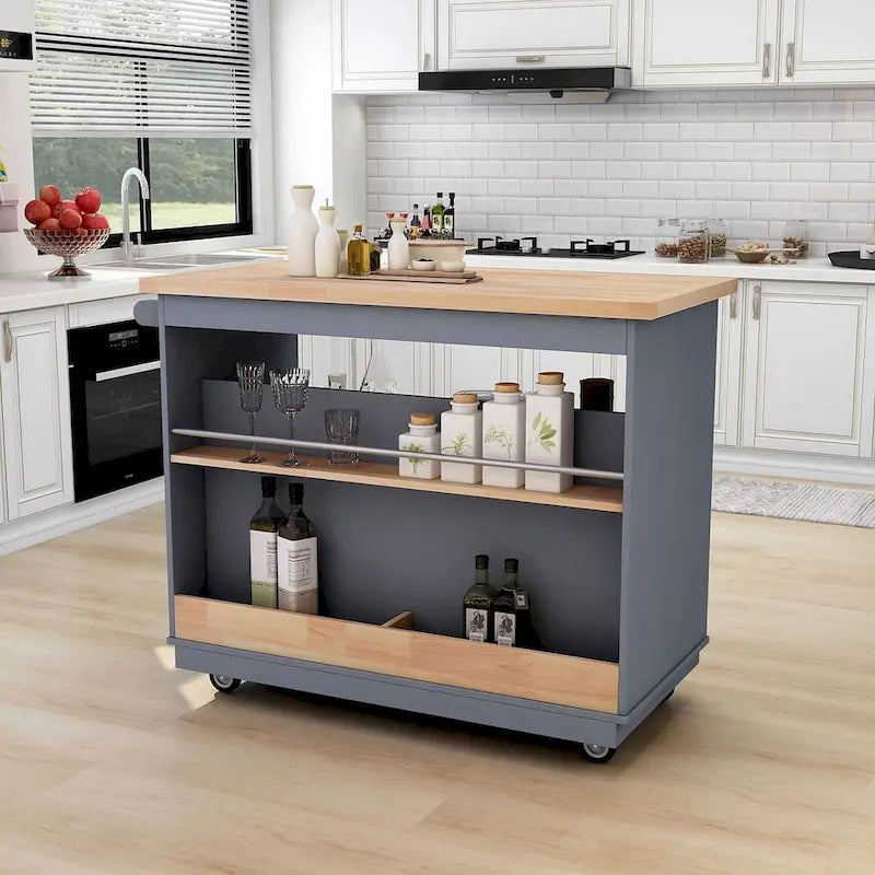 Kitchen Island on Wheels with Open Compartments and 2 Drawers