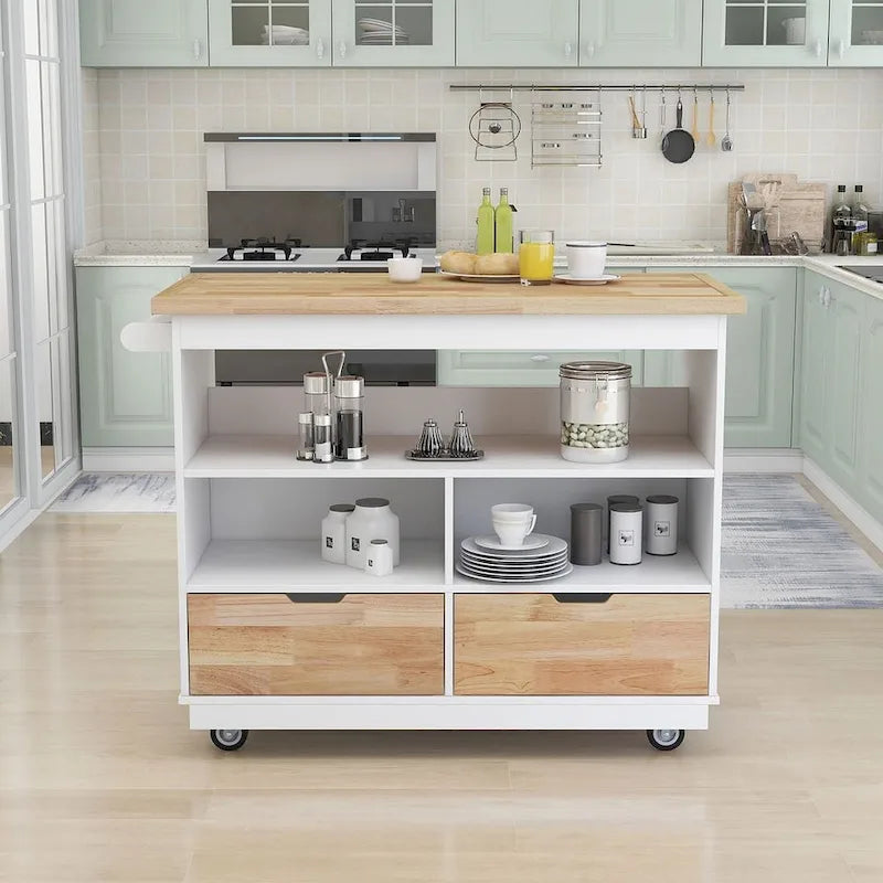 Kitchen Island on Wheels with Open Compartments and 2 Drawers