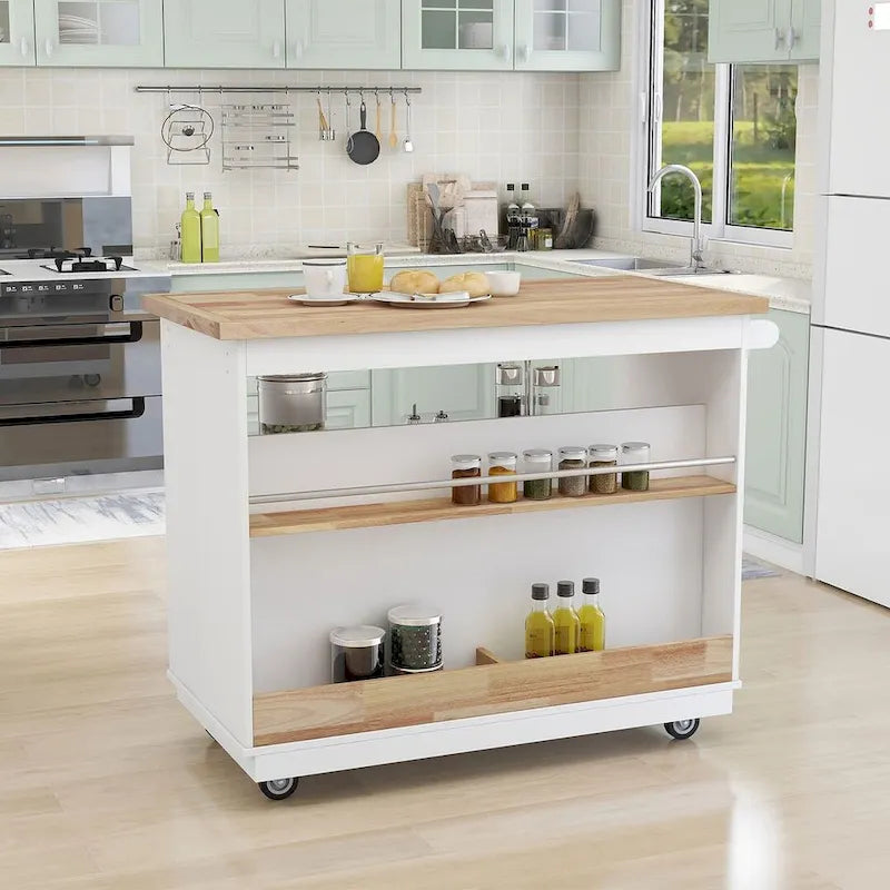 Kitchen Island on Wheels with Open Compartments and 2 Drawers