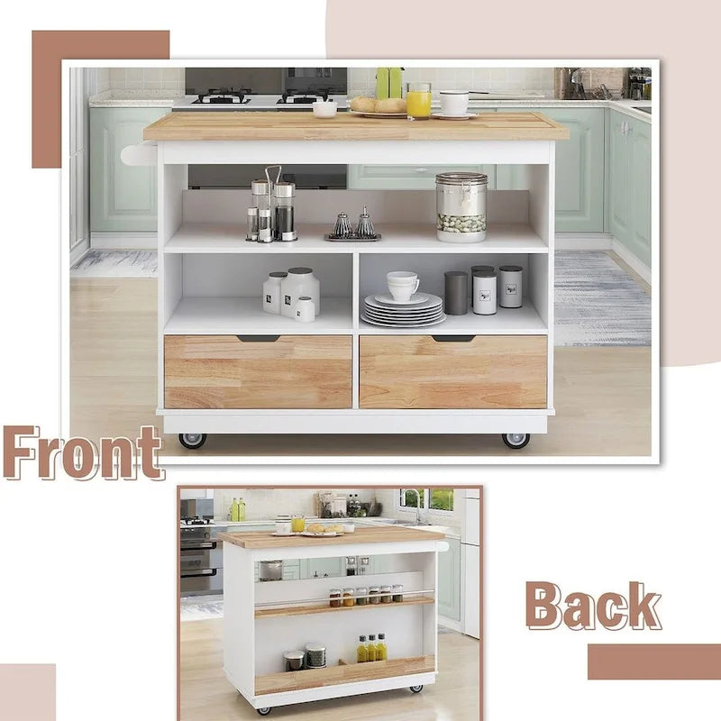 Kitchen Island on Wheels with Open Compartments and 2 Drawers