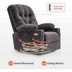 Electric Power Swivel Glider Recliner Chair with Cup Holders and USB Ports, Fabric, Single Seat