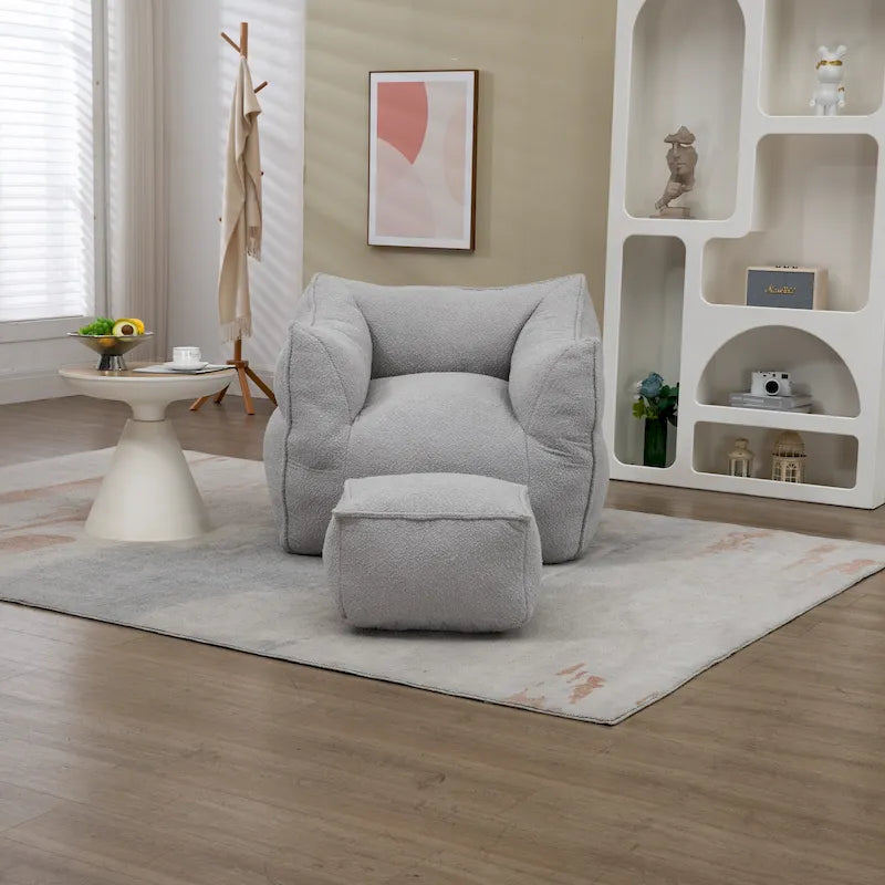 Boucle Upholstered Deep Seat Armless Square Bean Bag Chair with Ottoman