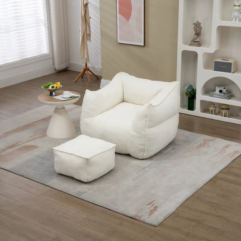 Boucle Upholstered Deep Seat Armless Square Bean Bag Chair with Ottoman