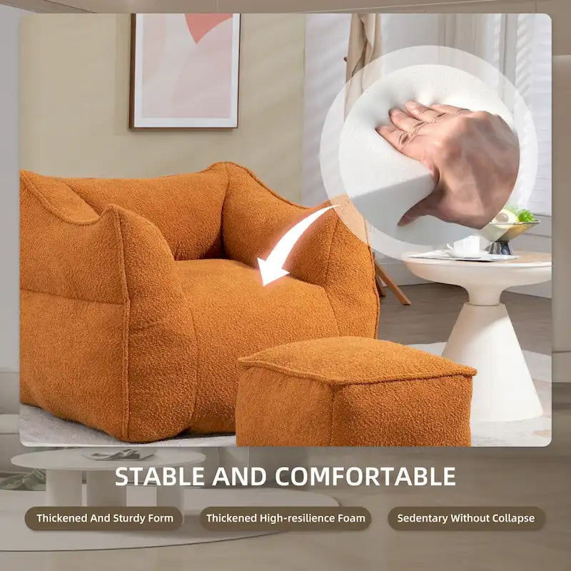 Boucle Upholstered Deep Seat Armless Square Bean Bag Chair with Ottoman