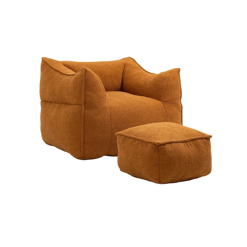 Boucle Upholstered Deep Seat Armless Square Bean Bag Chair with Ottoman
