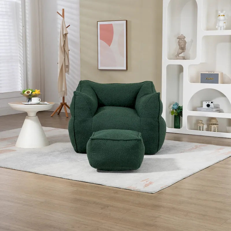Boucle Upholstered Deep Seat Armless Square Bean Bag Chair with Ottoman
