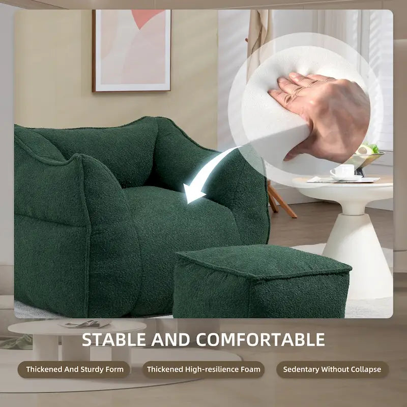 Boucle Upholstered Deep Seat Armless Square Bean Bag Chair with Ottoman