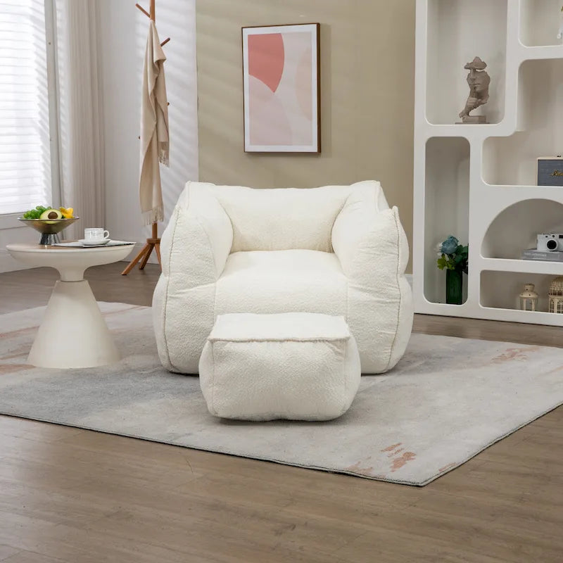 Boucle Upholstered Deep Seat Armless Square Bean Bag Chair with Ottoman