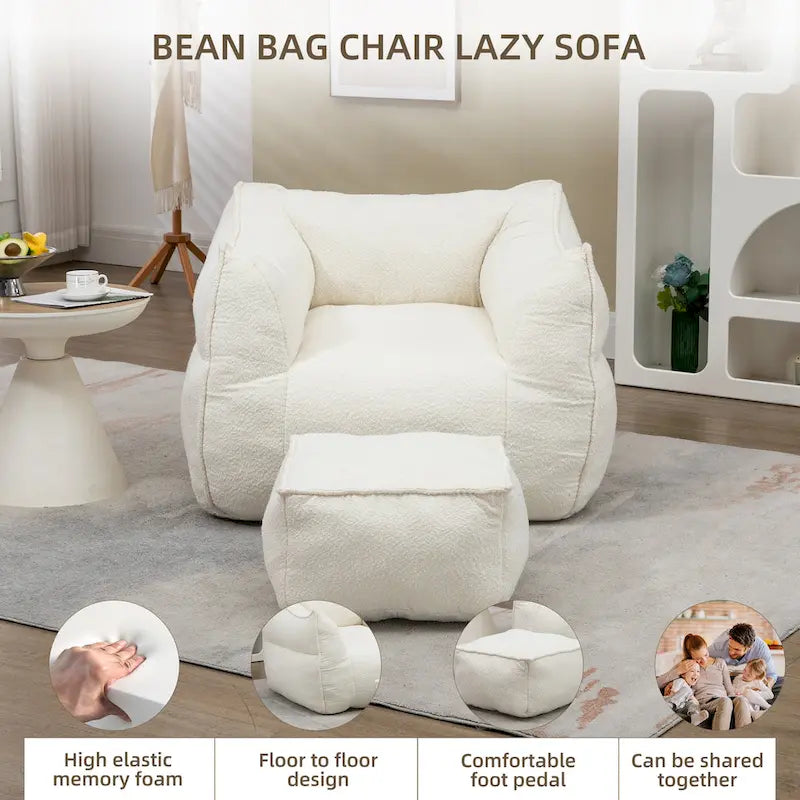 Boucle Upholstered Deep Seat Armless Square Bean Bag Chair with Ottoman