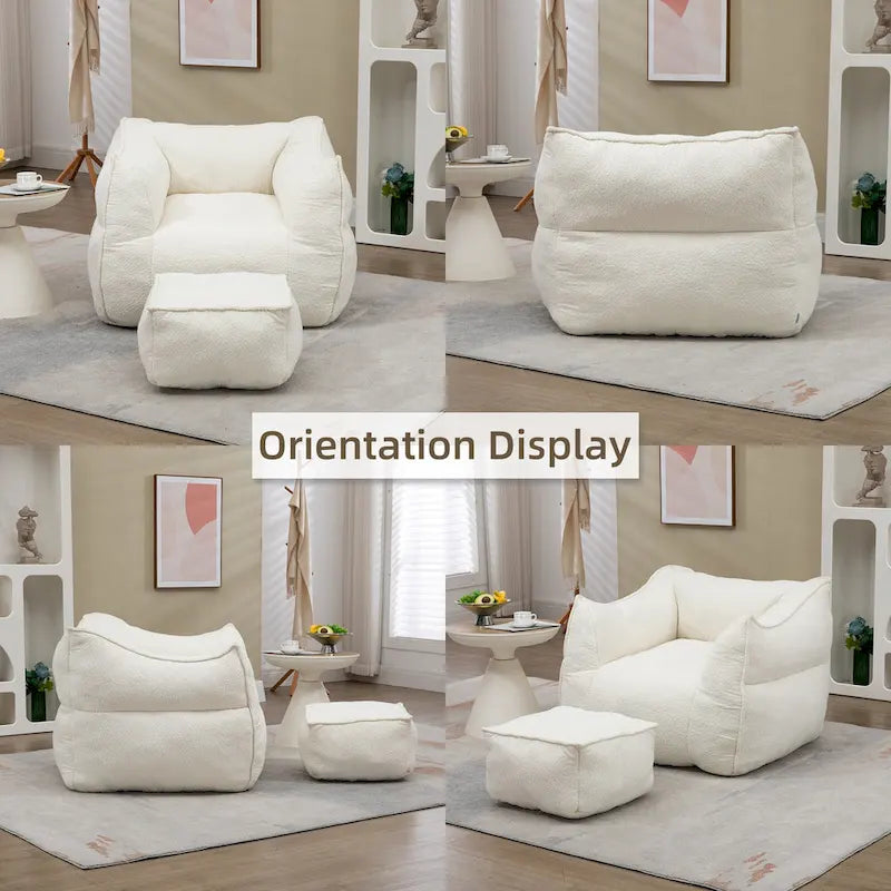 Boucle Upholstered Deep Seat Armless Square Bean Bag Chair with Ottoman