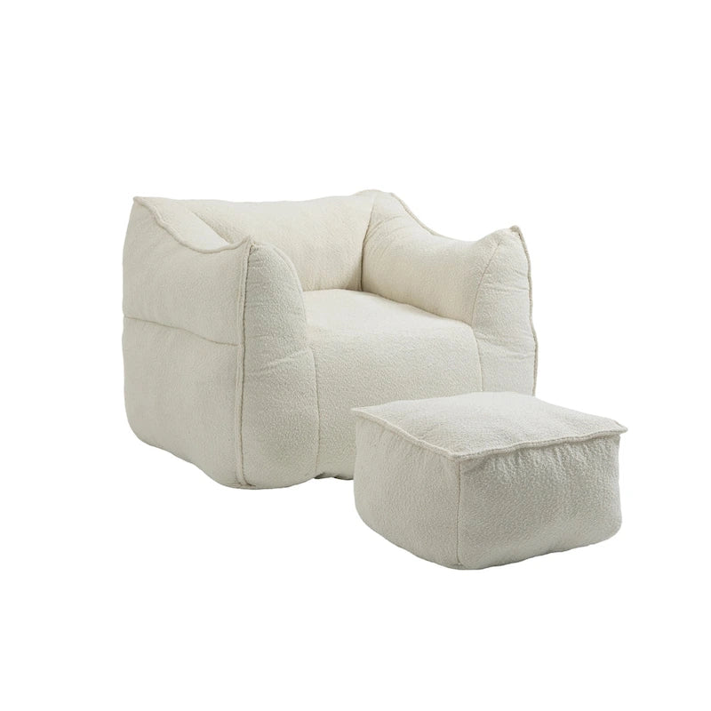 Boucle Upholstered Deep Seat Armless Square Bean Bag Chair with Ottoman