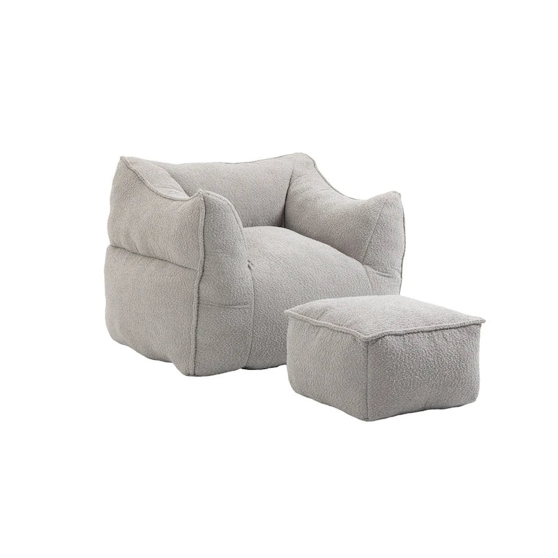 Boucle Upholstered Deep Seat Armless Square Bean Bag Chair with Ottoman