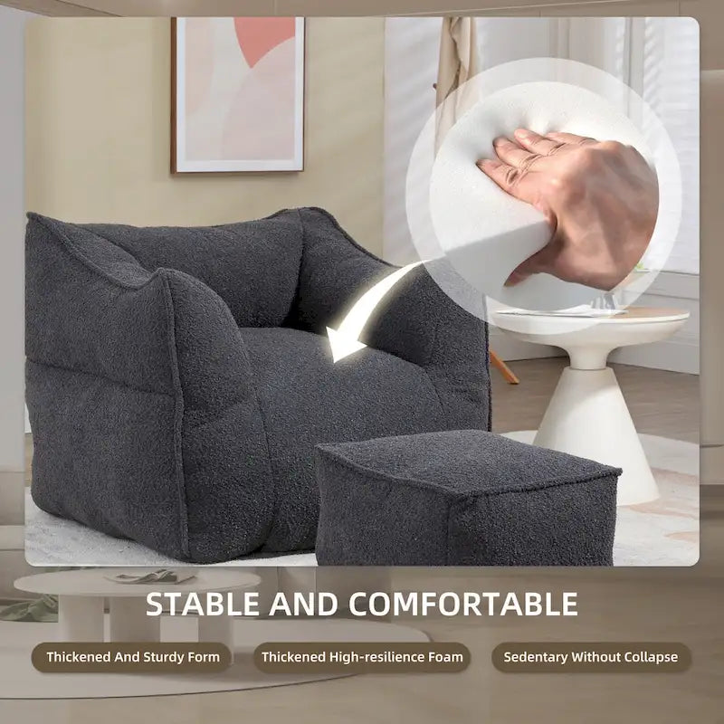 Boucle Upholstered Deep Seat Armless Square Bean Bag Chair with Ottoman